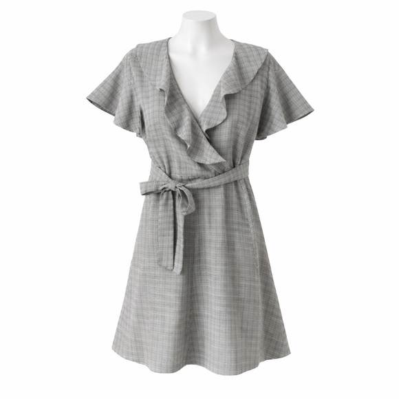 Dkny Dresses & Skirts - Size 6 DKNY Women’s Flutter Sleeve Wrap Dress Grey Plaid Fit Flare Belted